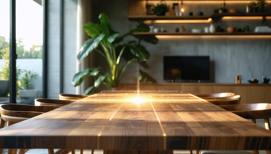 Hand holding a glowing smartphone on a handcrafted walnut dining table in a sunlit modern living room, with plants and shelving softly blurred in the background, representing AI loan matching for quality furniture.