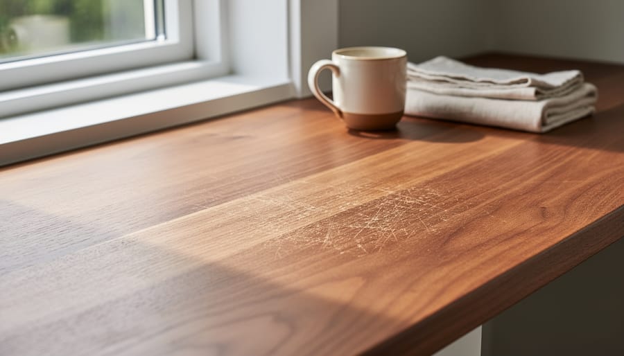 Hardwood dining table with visible joinery and a care manual on top under soft natural light