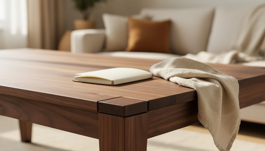 Close-up of a hand-finished walnut dining table showing visible joinery and natural wood grain under soft natural light, with a care journal and cloth nearby.