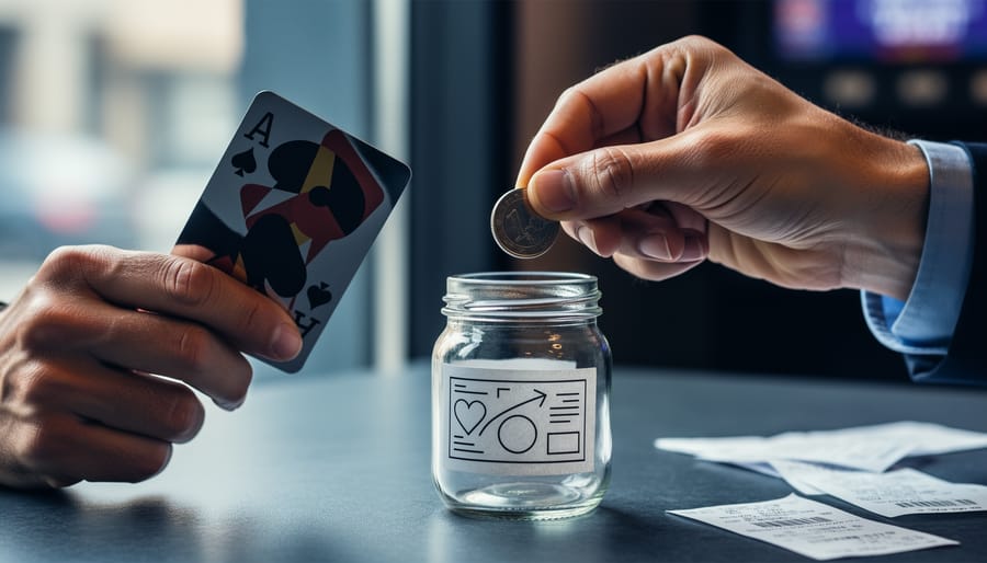 Close-up of hands setting a coin into a budgeting jar while pushing a gambling promo card away, symbolizing careful verification of gambling claims.