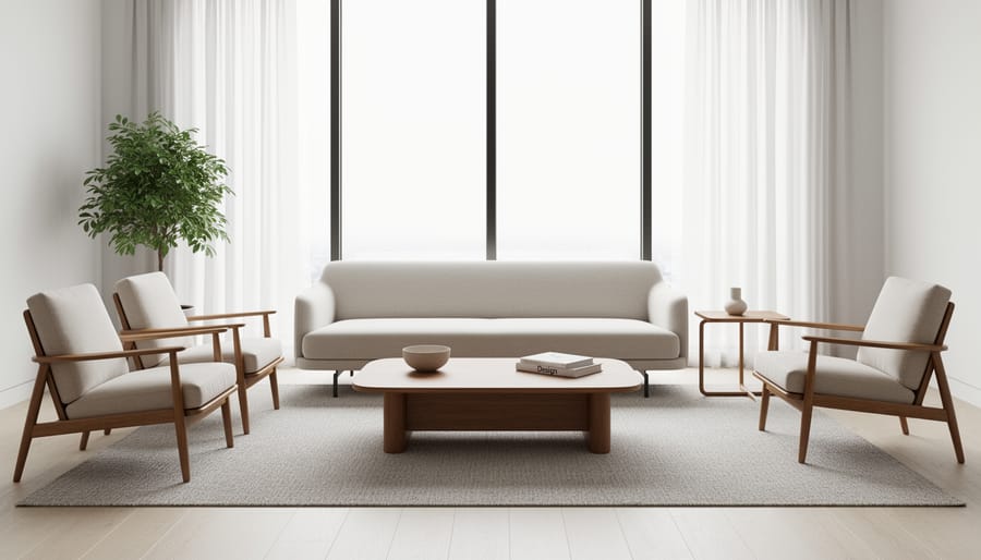 Serene living room with solid-wood furniture, neutral textiles, and warm golden hour light